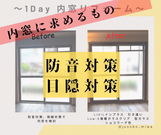 三輪ガラスの【大府市】人の往来が激しい道沿いのリビングに防音対策で内窓インプラスを取付。施工事例写真1