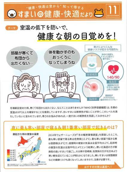 室温の低下を防いで、健康な朝の目覚めを！『すまいの健康・快適だより11月号』 北摂トーヨー住器のブログ 写真1