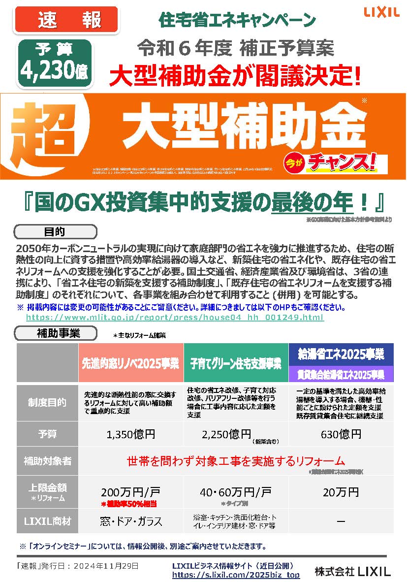 速報！来年度住宅省エネキャンペーン大型補助金閣議決定！ 藤野トーヨー住器 富津中央のイベントキャンペーン 写真1